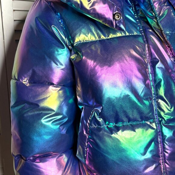 Unreal Fur Holographic FRACTALS Iridescent Puffer Jacket Metallic Cropped M NWT - Picture 3 of 12